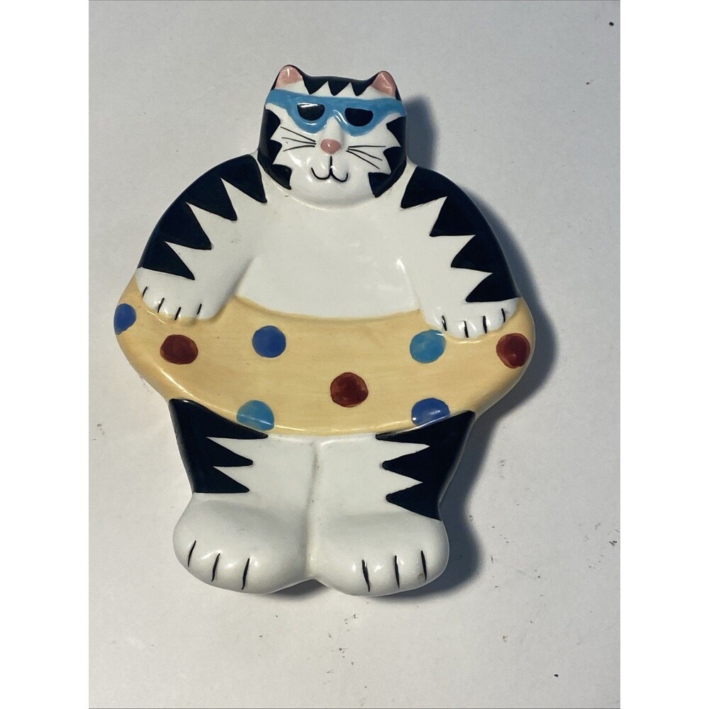 VTG  1994 Coco Dowley Bar Soap Dish White Cat Black Stripe Tube Kitty